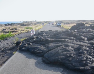 Lava flow on road in Volcanoes National Park, Big Island, Hawaii